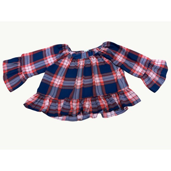 Copper Key Juniors XS Bell Sleeve Plaid Off Shoulder Ruffle Boho Blouse - Picture 9 of 10